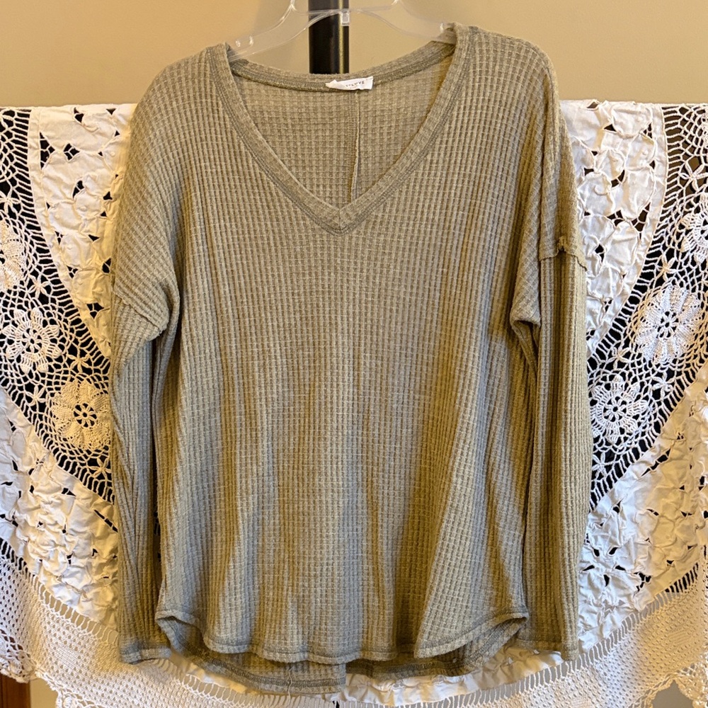 First Love by Lovelyn Olive Green V-Neck Ribbed Women's Top Size Medium